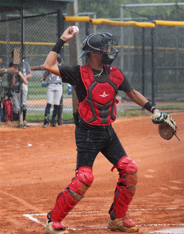 M Sanchez, catcher, throwing the baseball